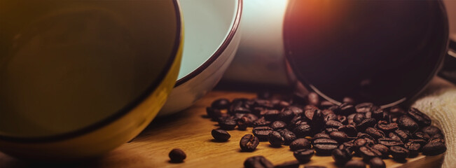 Black cups 2bowl and coffee beans with  beautiful light concept healthy by caffeine.For web banner.