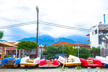 Fishing docks with boat catamaran docking on the coast
