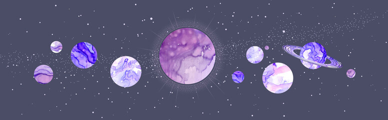 Modern magic witchcraft card with solar system. Alcohol ink occult illustration © annbozhko