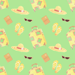 seamless pattern with glasses, hats, flip flops, suitcases and passports