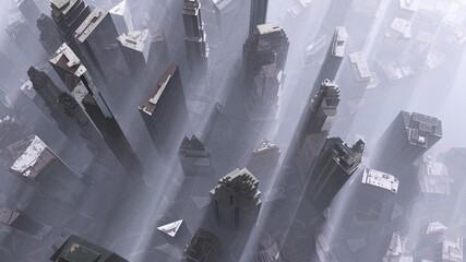 Modern city from a height of flight in the fog, skyscrapers in the fog from above, 3D rendering