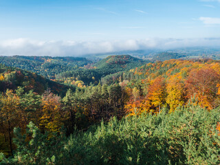 Fototapeta na wymiar view of colorful vivid deciduous beech and pine tree forest and hills from viewpoint called Vyhlidka na Rip at nature park Kokorinsko, Czech republic. Autumn sunny day.