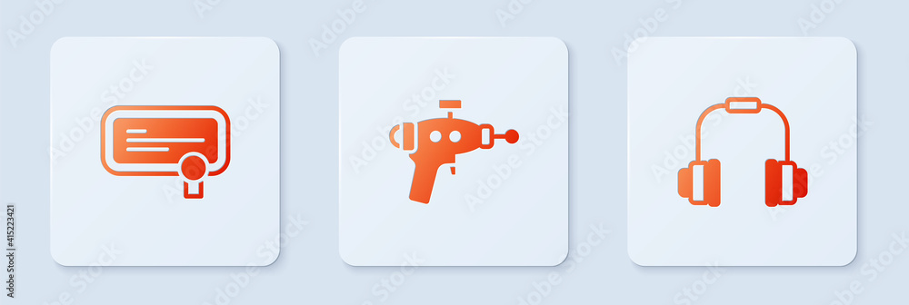 Poster set ray gun, certificate template and headphones. white square button. vector.