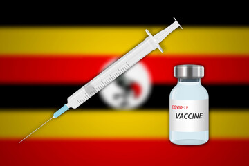 Syringe and vaccine vial on blur background with Uganda flag,