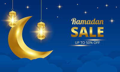 ramadan sale banner with golden moon in the night sky