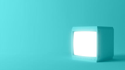 Antique television illuminated in a mint green scene. 3D Scene