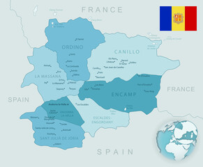 Blue-green detailed map of Andorra administrative divisions with country flag and location on the globe.