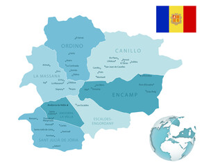 Andorra administrative blue-green map with country flag and location on a globe.