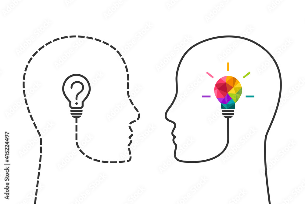 Poster human head made of dotted line and light bulb with question mark in comparison with continuous profi