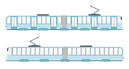 Tramway with six doors. Side view. Cartoon, flat style vector illustration. City public transport, modern tram isolated on white. Ecological city transport.
