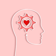 Head outline with gear and heart concept. Vector illustration in papercut style and shadow on light pink background.