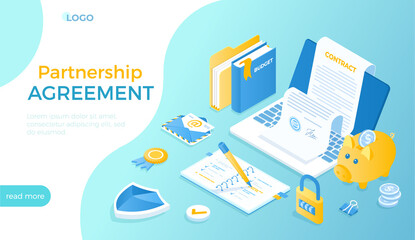 Agreement Partnership Deal. Successful business concept. Online contract inspecting and signing, document with electronic signature, stamp. Isometric vector illustration for website.