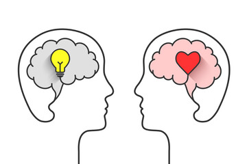 Intellectual and emotional intelligence or right and left brain hemispheres concept. Cerebral hemisphere dominance, IQ and EQ with head profile outline, brain, light bulb and heart symbol. - obrazy, fototapety, plakaty