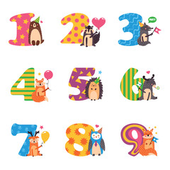 Birthday numbers with cute animals. Vector illustration isolated on white background