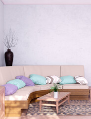 Wall mock up in living room. Scandinavian interior. 3d rendering, 3d illustration