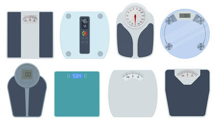 Bathroom scales on white background, top view. Weight loss, healthy lifestyles, diet, proper nutrition.