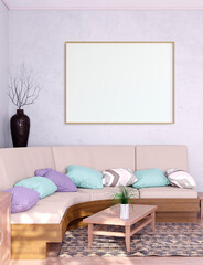Mock up poster frame in Scandinavian style interior. Minimalist interior design. 3D illustration. 3D render