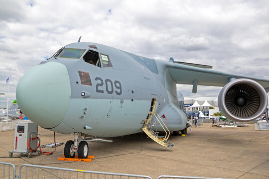 Japanese Self-Defense Force Kawasaki C-2 transport aircraft on the tarmac at the Paris Air Show. France - June 20, 2019
