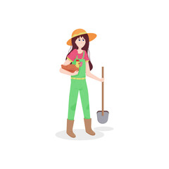 girl farmer holds chicken under the armpits isolated on white background. vector illustration