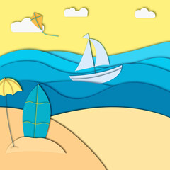 Summer sea picture origami made paper. a sandy Sunny island with beach skid and surfboard and kite overlooking a ship. Vector illustrations, paper art and digital style.