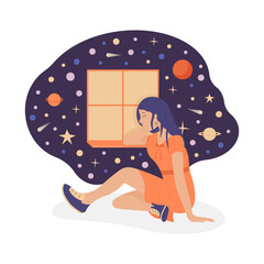 Vector illustration, girl sitting by the window against the background of the starry sky