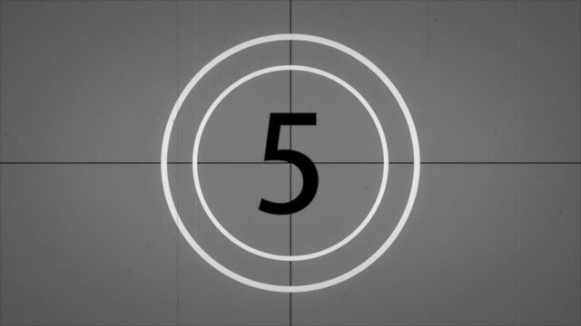 Monochrome Universal Countdown Film Leader. Countdown Clock from 10 to 0. Black and White Animation. Effect of Old Film Rolling with Details, Grain, Scratches, Noise. 4K FX. Design of Old Cinema