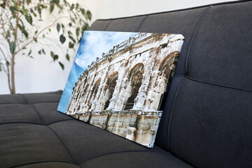 Canvas print stretched on frame with gallery wrap, architecture photography on sofa
