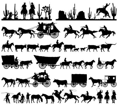 Wild west cowboy with longhorn horse stagecoach carriage icons vector silhouette collection
