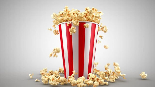 Popcorn falling out of a red-white striped bucket on a white background, camera zoom in, beautiful background