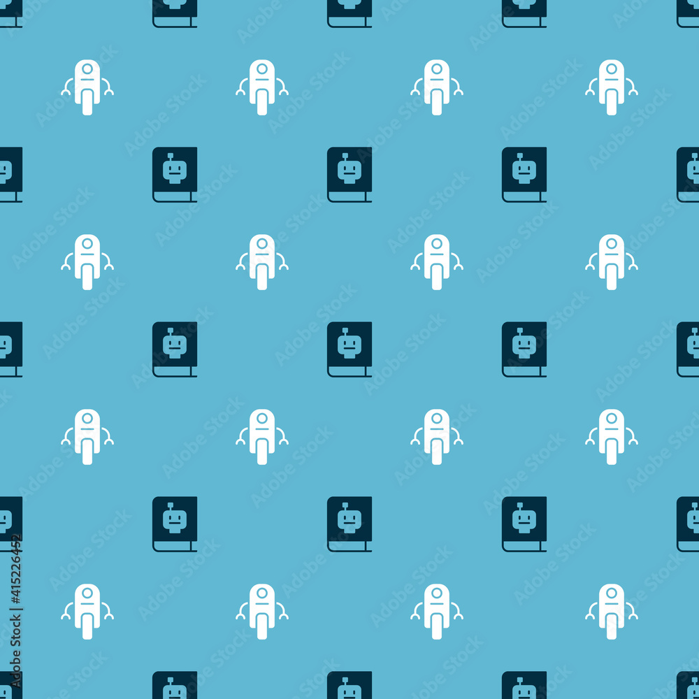 Poster set user manual and robot on seamless pattern. vector.