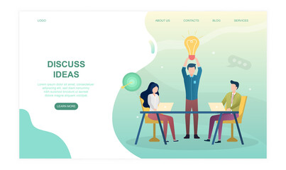 Male and female characters are sitting together discussing ideas. Improving business strategy and product innovation. Website, web page, landing page template. Flat cartoon vector illustration