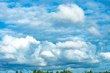 Treetops and beautiful cloudy blue sky. Wood landscape vie from above to sky panorama. 