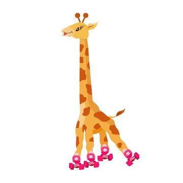 Funny cartoon roller-skating giraffe on white background. Cute animal giraffe goes in for sport. Giraffe on rollers. Vector illustration