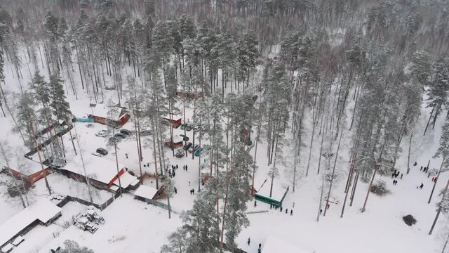 Tourist base among the forest from a height in winter  Deer farm bird flight in winter.