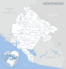 Fototapeta premium Blue-gray detailed map of Montenegro administrative divisions and location on the globe.