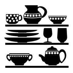 shelves with dishes, kitchen utensils in black with white decor