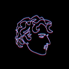 Continuous line abstract face with glitch effect. Contemporary minimalist neon portrait. Hand drawn line art of man isolated on black background. Beauty minimalist concept. Vector
