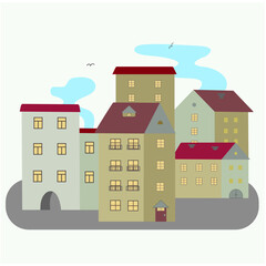 Houses in the old town, white isolated background. Solar light vector illustration on the theme of architecture and construction.Poster, icon, design for website, typographic publications, textiles.