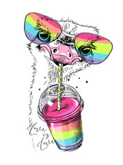 Portrait of a Funny Ostrich in a rainbow glasses with Smoothie cocktail. Humor card, t-shirt composition, hand drawn style print. Vector illustration. - 415228293