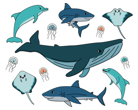 Set of vector outline cartoon ocean and sea happy animals. Whale, dolphin, shark, stingray of two types, jellyfish have eyes and mouth, they are isolated, white background. Can be used for kids book.