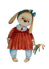 Watercolor illustration. Cute hare with carrot on a white background.