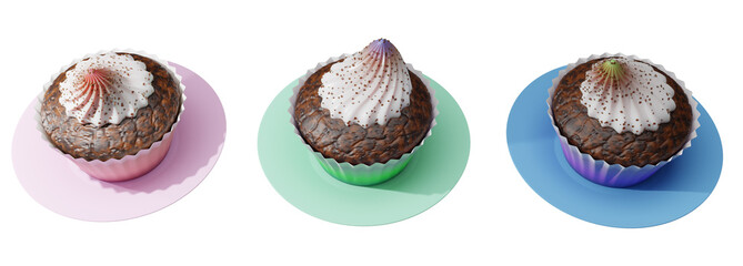 three delicious cupcakes with cream isolated white.  perspective, top view