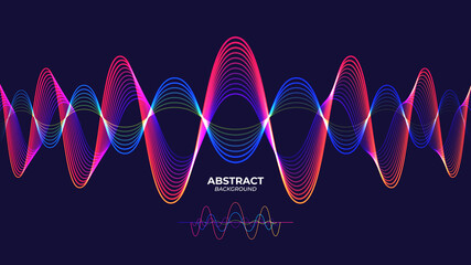 Abstract sound waves background. Vector illustration of glowing neon colored dynamic wavy vivid lines over blue background for your design