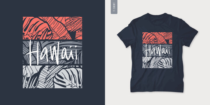 Hawaii summer graphic t-shirt design, tropical print, vector illustration