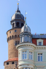 Fototapeta na wymiar View of 14th century Reichenbach tower from Upper Market (Obermarkt), Goerlitz, Germany