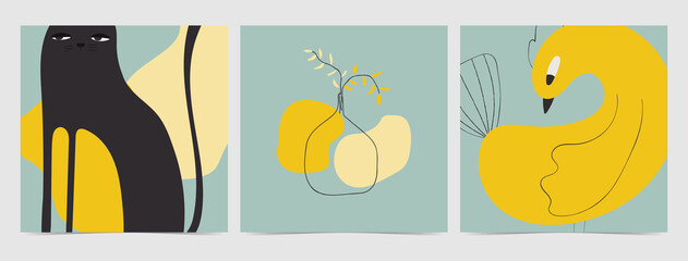 A set of creative hand painted compositions with a cat, a bird and a vase. Abstract minimalistic illustrations are suitable for wall decoration, covers, posters. The objects are uncut and are editable