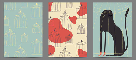 A set of creative hand painted compositions with a cat and bird cages. Abstract minimalistic illustrations are suitable for postcards, covers, posters. The objects are uncut and are editable. 