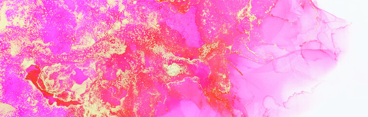 art photography of abstract fluid art painting with alcohol ink, pink and gold colors