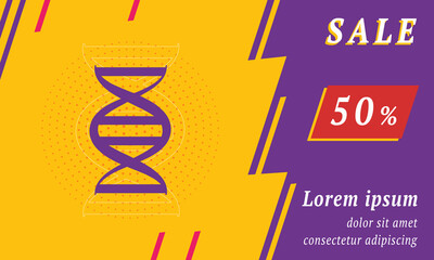Sale promotion banner with place for your text. On the left is the dna symbol. Promotional text with discount percentage on the right side. Vector illustration on yellow background