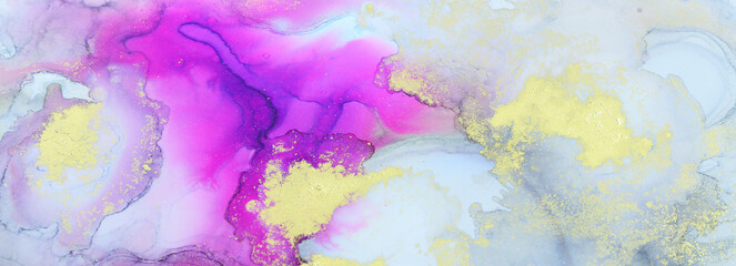 art photography of abstract fluid art painting with alcohol ink, pink, purple, black and gold colors